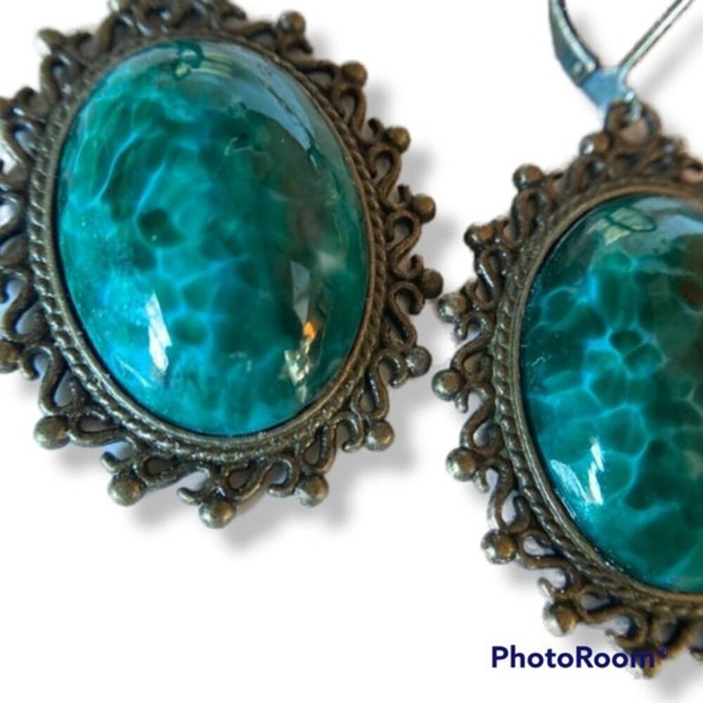 Artisan bronze tone and natural stone cabochon french hook earrings